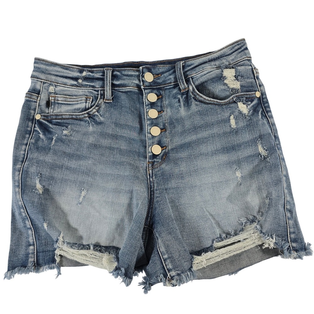 Judy Blue High Waisted Distressed Denim Shorts Light Wash Button Fly JB150142 L